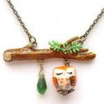 Antiqued Brass Branch Quartz Porcelain Owl Necklace