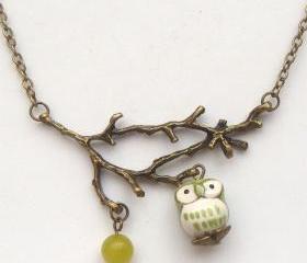Antiqued Brass Leaf Jade Porcelain Owl Necklace