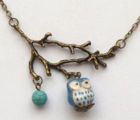 Antiqued Brass Leaf Turquoise Porcelain Owl Necklace