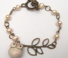 Antiqued Brass Branch Porcelain Owl Pearl Bracelet