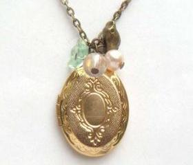 Antiqued Brass Flower Bird Pearl Locket Necklace