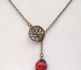 Antiqued Brass Tree Porcelain Ladybug Lariat Necklace