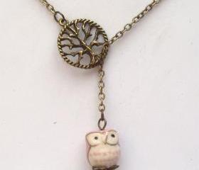 Antiqued Brass Tree Pink Porcelain Owl Lariat Necklace