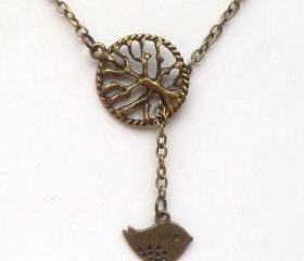 Antiqued Brass Tree Bird Lariat Necklace
