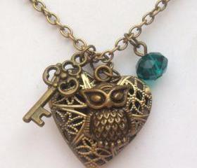 Antiqued Brass Owl Key Heart Locket Quartz Necklace