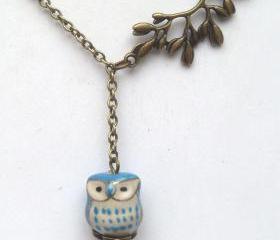 Antiqued Brass Leaf Porcelain Owl Necklace