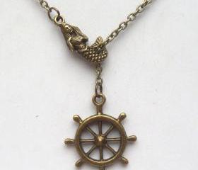 Antiqued Brass Mermaid Helm Lariat Necklace