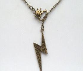 Antiqued Brass Cloud Lighting Lariat Necklace