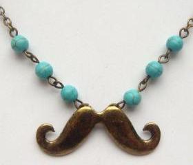 Antiqued Brass Mustache Turquoise Necklace
