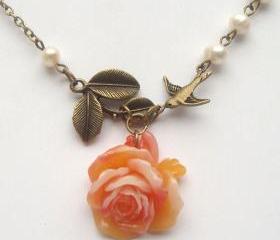 Antiqued Brass Leaf Bird Flower Pearl Necklace