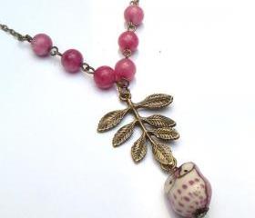 Antiqued Brass Leaf Purple Jade Porcelain Owl Necklace