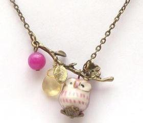 Antiqued Brass Leaf Quartz Jade Purple Porcelain Owl Necklace