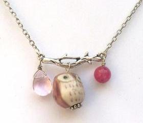Silver Leaf Jade Quartz Porcelain Owl Necklace