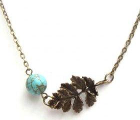 ON SALE - Antiqued Brass Leaf Green Turquoise Necklace