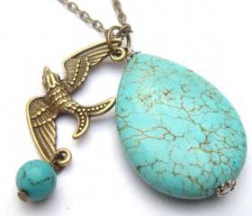Antiqued Brass Bird Turquoise Necklace