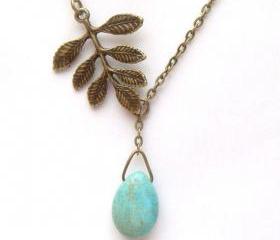 Antiqued Brass Leaf Green Turquoise Necklace