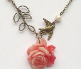 Antiqued Brass Leaf Bird Flower Pearl Necklace