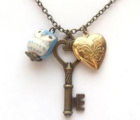 Antiqued Brass Key Porcelain Owl Locket Necklace