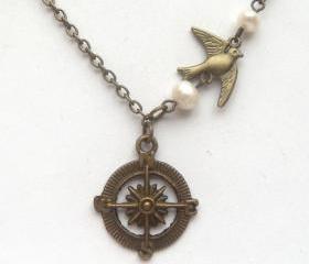 Antiqued Brass Compass Bird Pearl Necklace