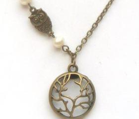 Antiqued Brass Tree Owl Pearl Necklace