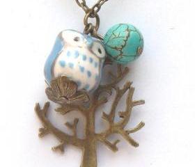 Antiqued Brass Tree Turquoise Quartz Porcelain Owl Necklace