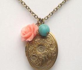 Antiqued Brass Flower Turquoise Locket Necklace