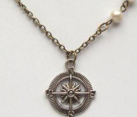 Antiqued Brass Compass Pearl Necklace