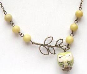 Antiqued Brass Leaf Lemon Jade Porcelain Owl Necklace