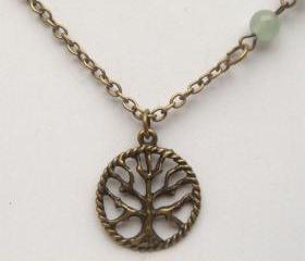 Antiqued Brass Tree Green Jade Necklace