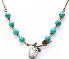 Antiqued Brass Leaf Turquoise Porcelain Owl Necklace