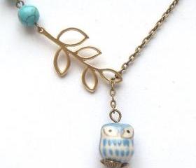 Antiqued Brass Leaf Turquoise Porcelain Owl Necklace