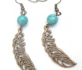 Antiqued Brass Leaf Turquoise Earrings