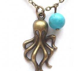Antiqued Brass Octopus Turquoise Necklace