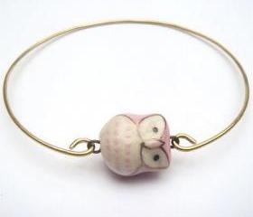 Brass Pink Porcelain Owl Bracelet