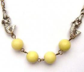 Antiqued Brass Mermaid Butter Jade Round Bead Necklace
