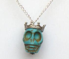 Silver Plated Crown Turquoise Skull Necklace