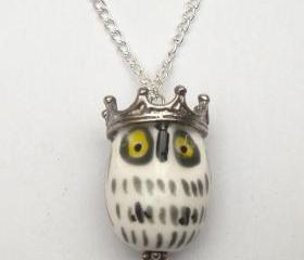 Silver Plated Crown Porcelain Owl Necklace
