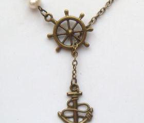 Antiqued Brass Anchor Helm Pearl Lariat Necklace