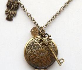 Antiqued Brass Owl Key Quartz Locket Necklace