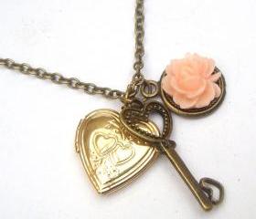 Antiqued Brass Key Flower Locket Necklace