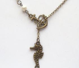 Antiqued Brass Anchor Seahorse Pearl Lariat Necklace