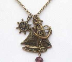 Antiqued Brass Helm Anchor Boat Quartz Necklace
